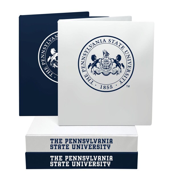 white and navy binders with The Pennsylvania State University Seal on fronts, The Pennsylvania State University on spines